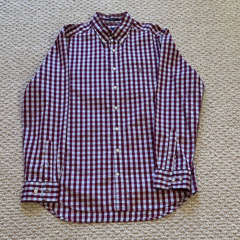Gant Men's Burgundy and Blue Checkered Shirt